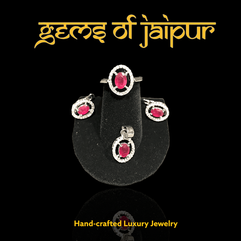 Zircon And Ruby Earrings Ring And Pendant Set